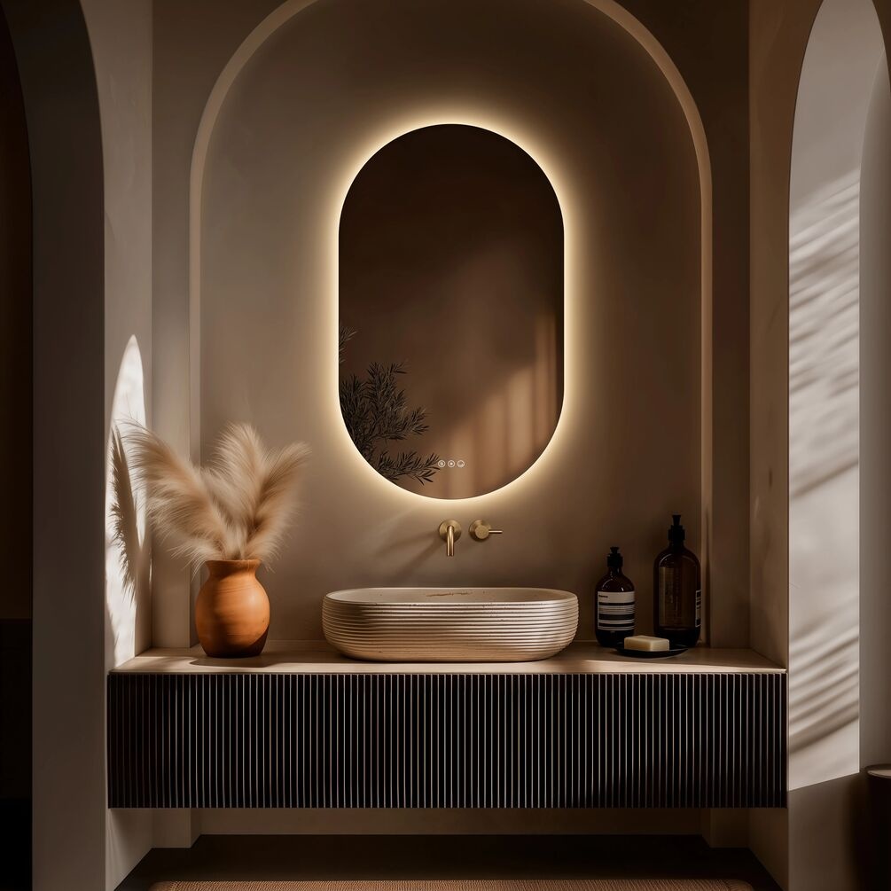 Lifestyle image of Origins Living Claris 600 x 1000mm Capsule LED Mirror